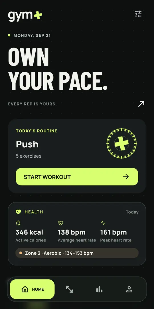 Gym+-Bildschirm: Start