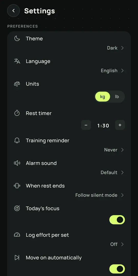 Gym+ の画面：設定