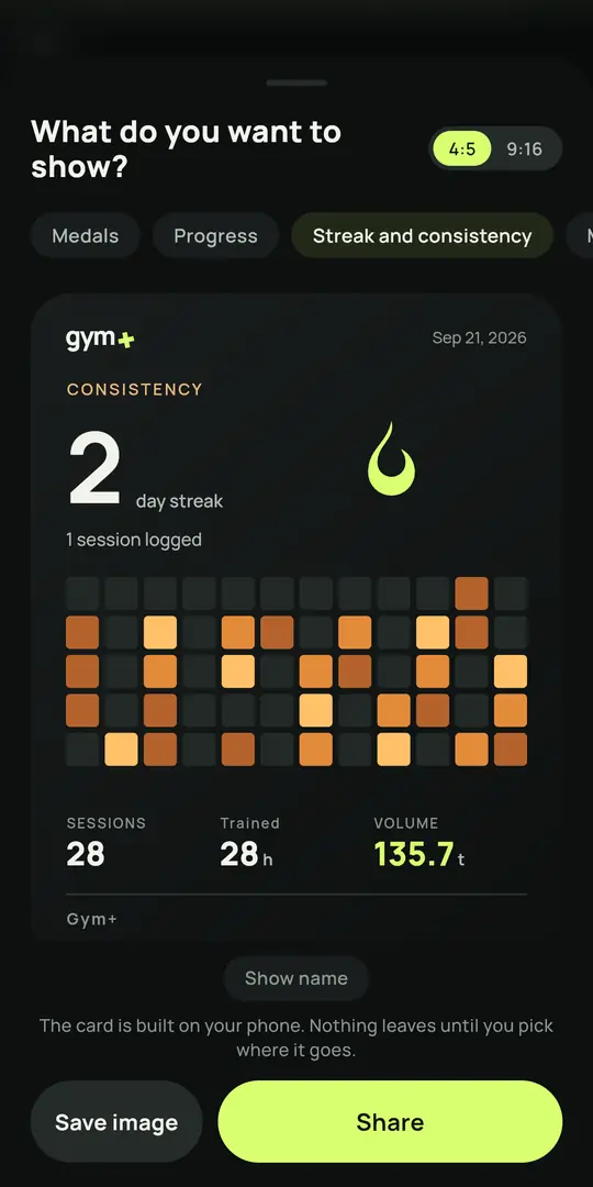 Gym+ の画面：シェアカード