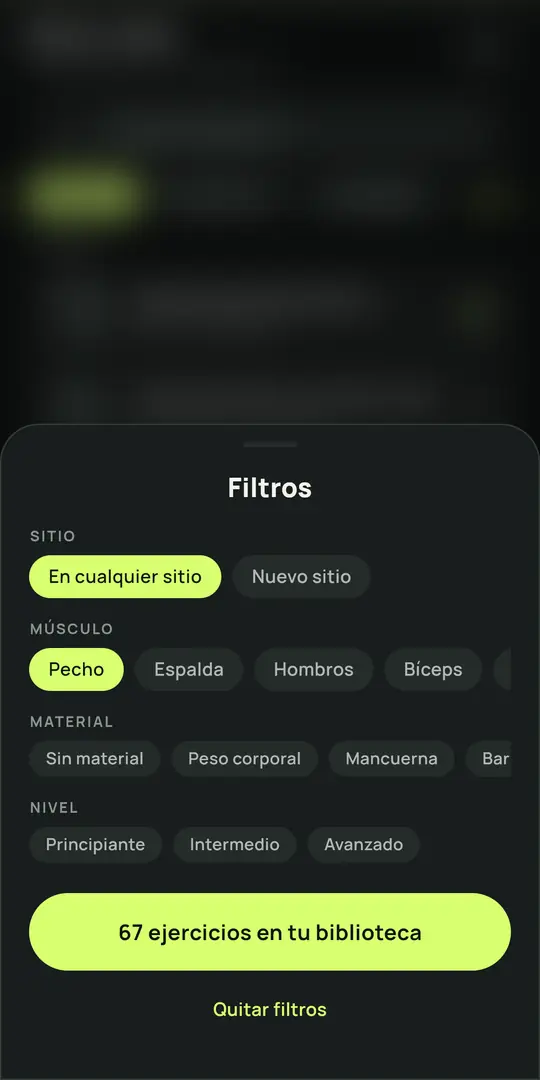 Pantalla de Gym+: Catálogo de ejercicios