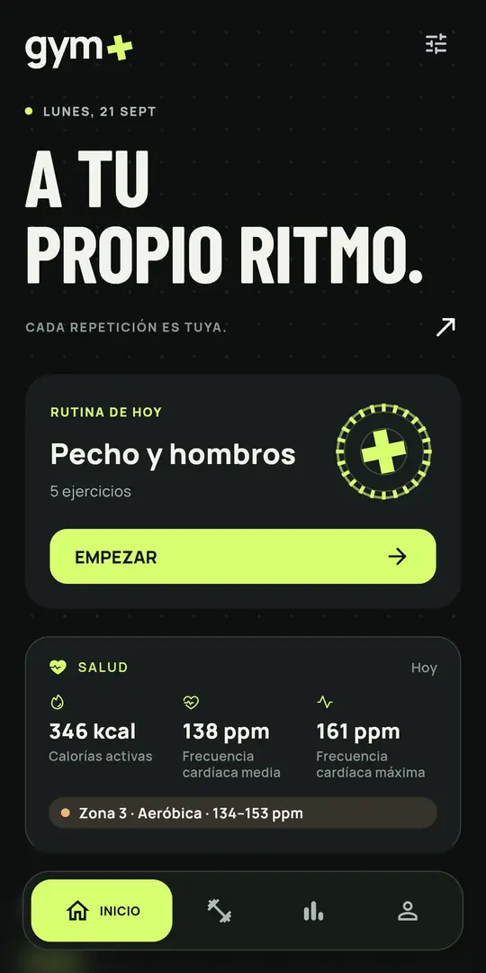 Pantalla de Gym+: Inicio