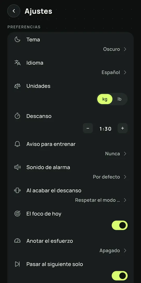 Pantalla de Gym+: Ajustes