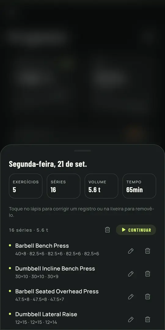 Tela do Gym+: Histórico