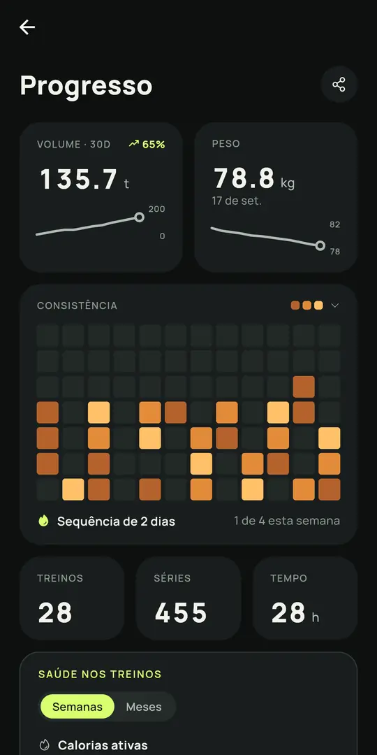 Tela do Gym+: Estatísticas