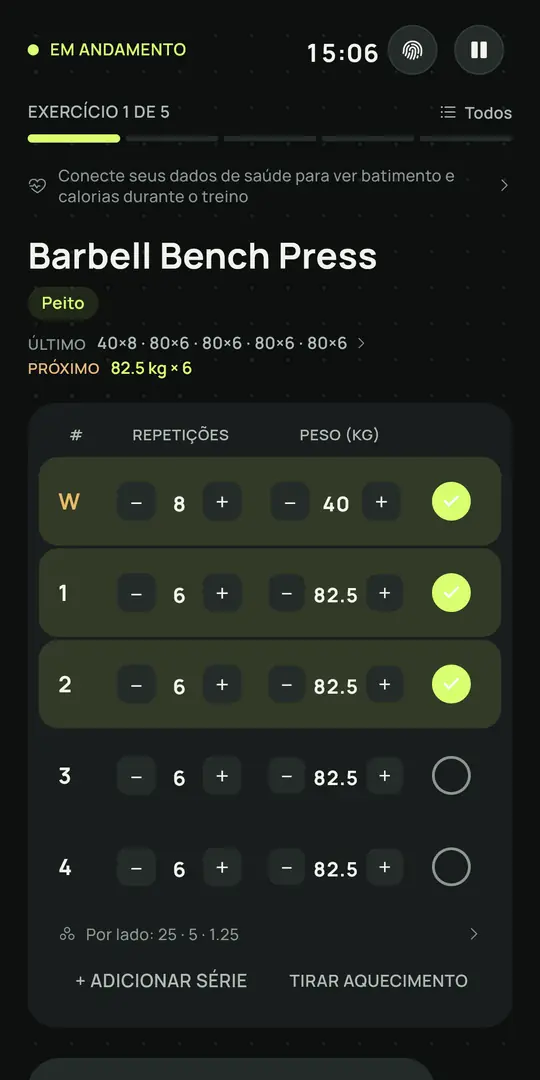 Tela do Gym+: Treino em andamento