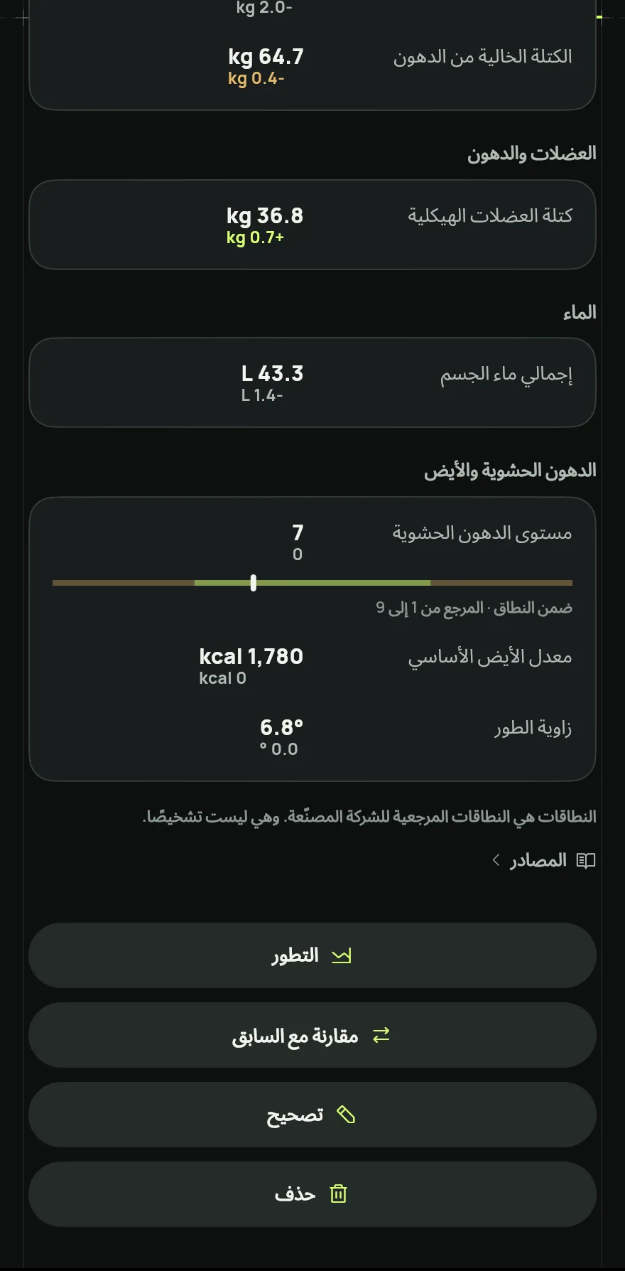 في راجع القراءة، طابق كل رقم مع التقرير. الأرقام المميّزة قُرئت بثقة أقل: أكّدها أو صحّحها. تحت احفظ أيضًا، اختر هل يدخل الوزن في سجل الوزن ودهون الجسم في القياسات. ثم اضغط على حفظ التقييم.
