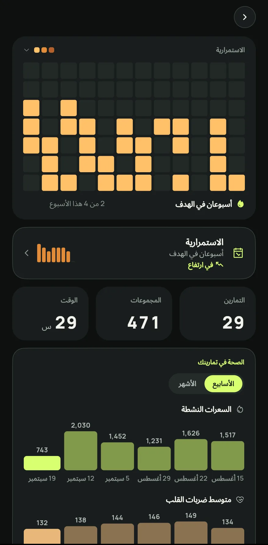 اضغط على التقدم في الشريط السفلي، ثم على النشاط. تُفتح شاشة التقدم على تقويم الاستمرارية.