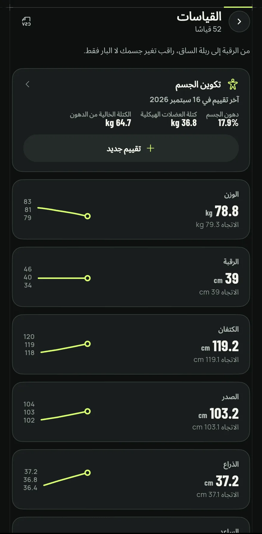 في تبويب التقدم، اضغط على بطاقة القياسات. إذا لم تسجّل أي قياس بعد، فاضغط على خذ قياسات جسمك في بطاقة البداية في التبويب نفسه.