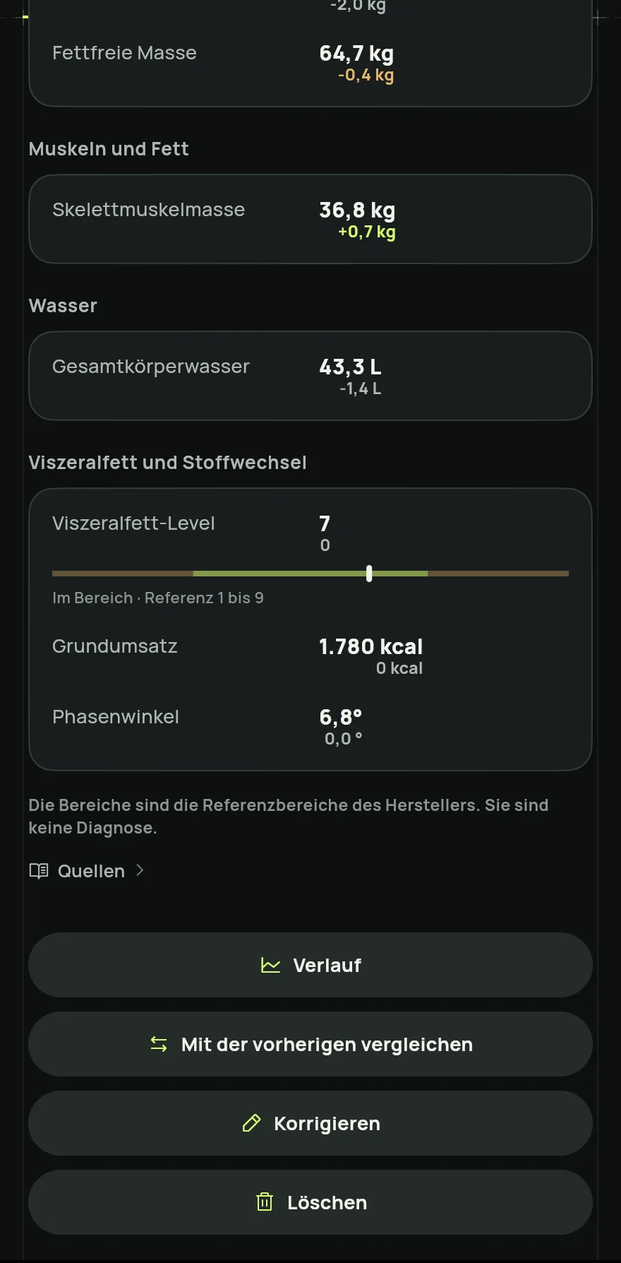 Vergleiche unter Auslesung prüfen jeden Wert mit dem Befund. Hervorgehobene Werte wurden mit weniger Sicherheit gelesen: Bestätige oder korrigiere sie. Wähl unter Außerdem speichern, ob das Gewicht in den Gewichtsverlauf und das Körperfett in die Maße übernommen wird. Tippe dann auf Messung speichern.