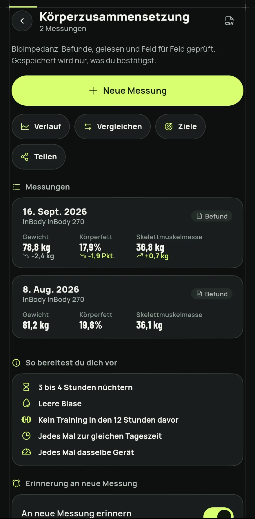Tippe im Tab Profil unter Mein Training und Fortschritt auf Körperzusammensetzung. Dieselbe Abkürzung findest du auf der Karte Körperzusammensetzung im Bildschirm Messungen.