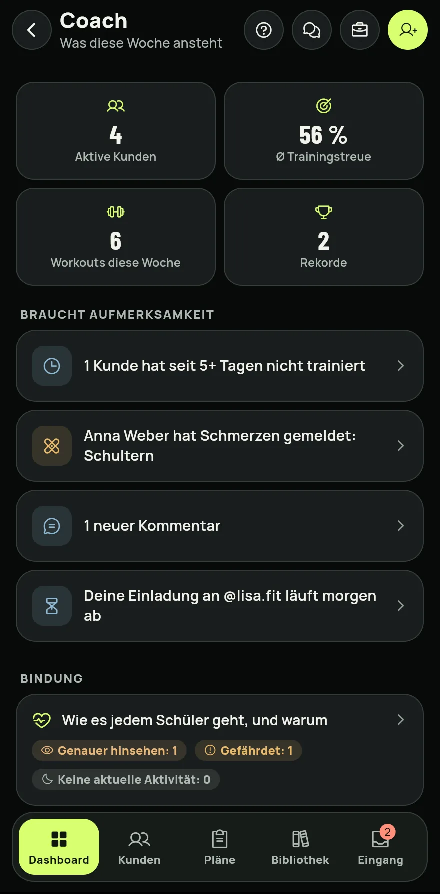 Tippe auf den Tab Coach. Er öffnet sich auch über die Karte Coach-Übersicht im Tab Profil.