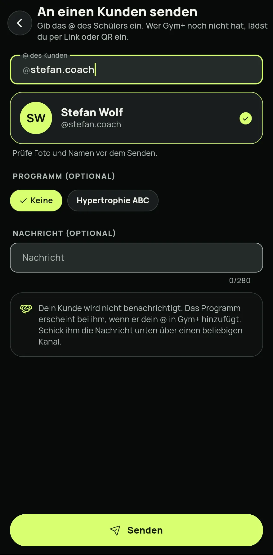 Tippe im Tab Coach unter Dashboard oder Kunden auf An einen Kunden senden.