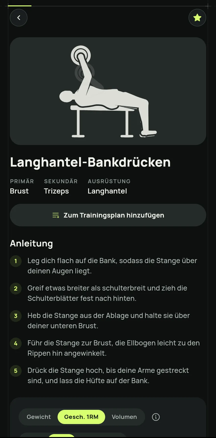 Tippe auf eine Übung, um ihre Seite zu öffnen, mit Anleitung, den primären und sekundären Muskeln, der Ausrüstung, dem Verlauf deiner Trainings und Ähnlich.