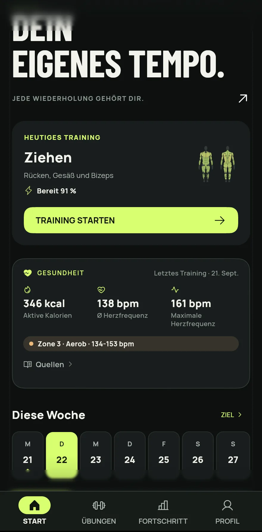 Öffne Gym+. Der Startbildschirm ist der erste Tab in der unteren Leiste.
