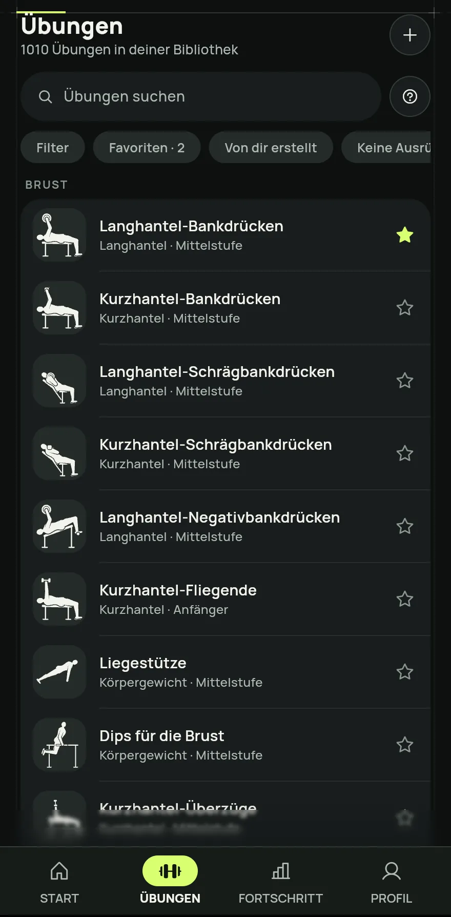 Tippe in der unteren Leiste auf Übungen. Oben steht, wie viele Übungen deine Bibliothek hat.
