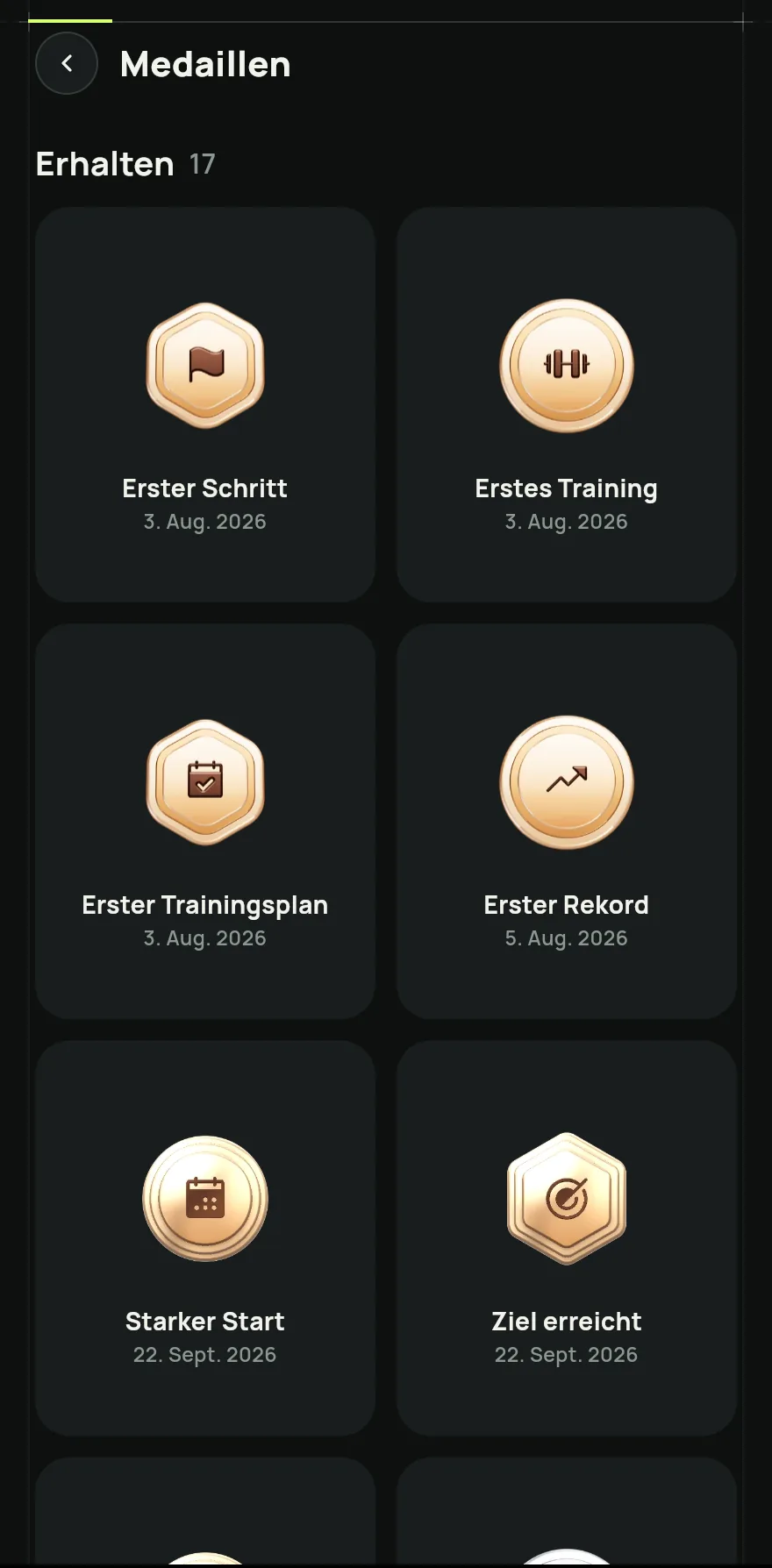 Öffne den Tab Profil und tippe unter Mein Training und Fortschritt auf Medaillen.