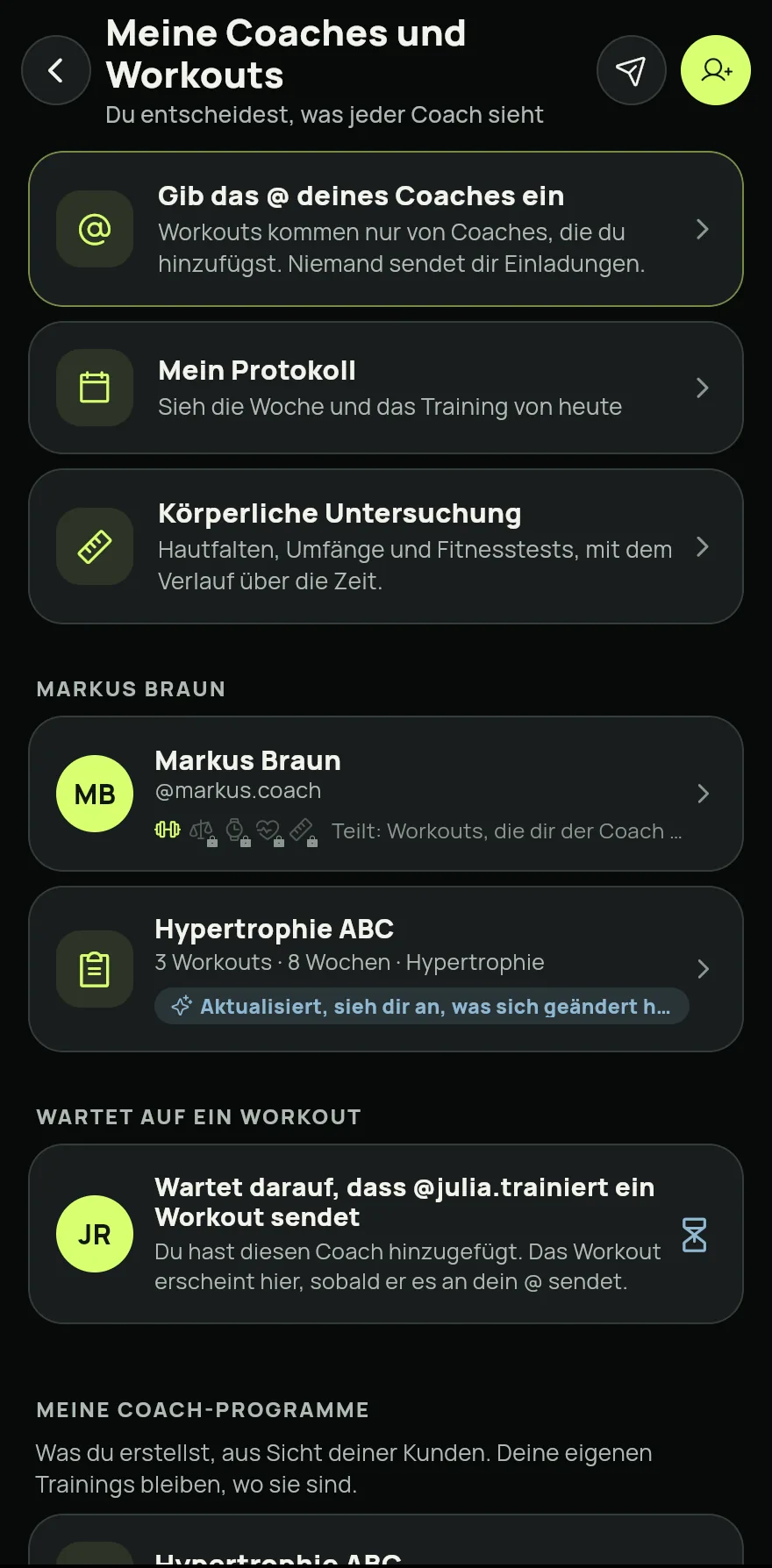 Öffne den Tab Profil und tippe unter Coaches auf Meine Coaches und Workouts.