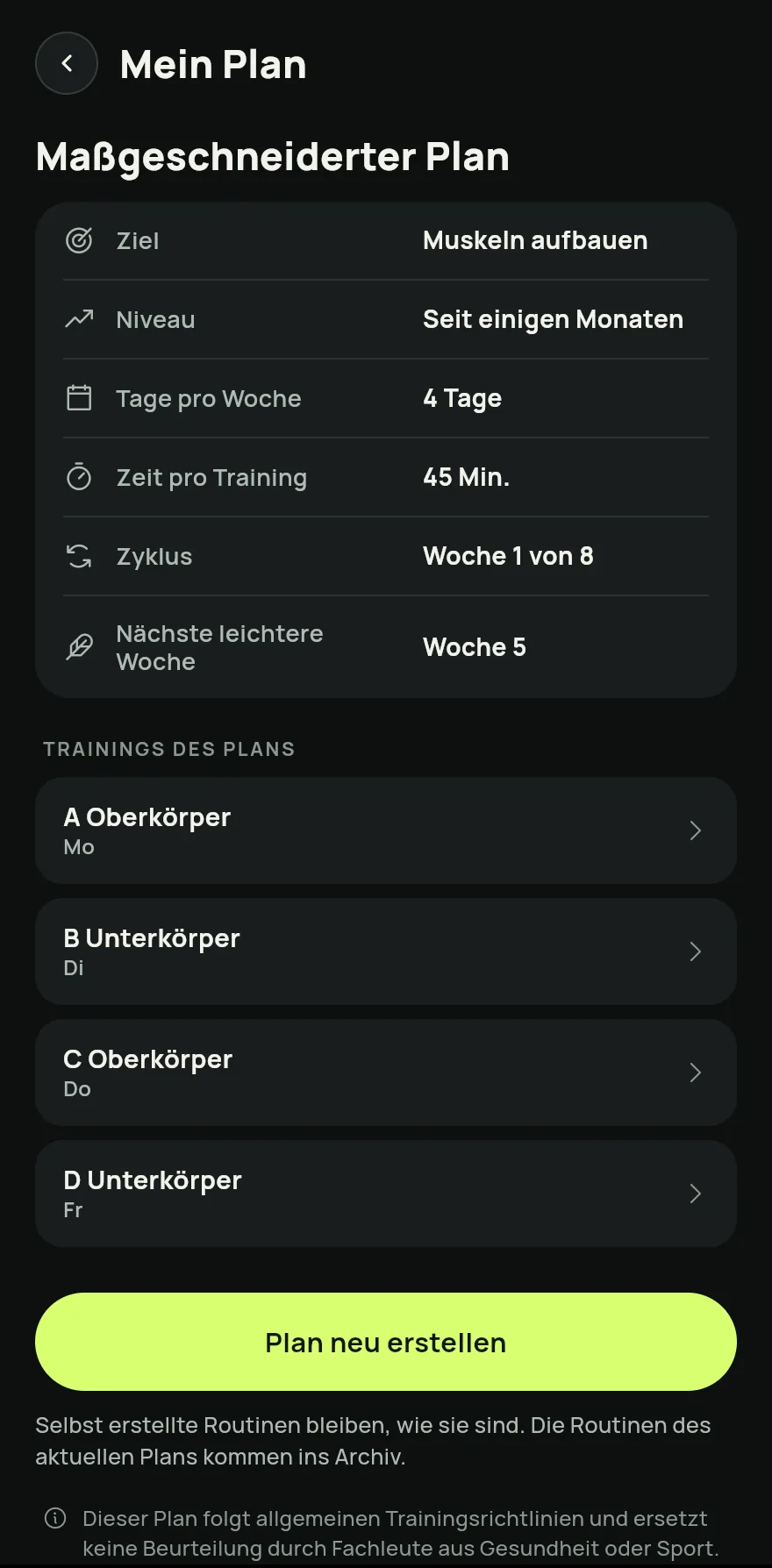 Scroll auf dem Startbildschirm zu Deine Trainingspläne und tippe auf den Pfeil neben dem Titel, um den Bildschirm Trainingspläne zu öffnen. Tippe unten im Bildschirm auf Maßgeschneiderter Plan.