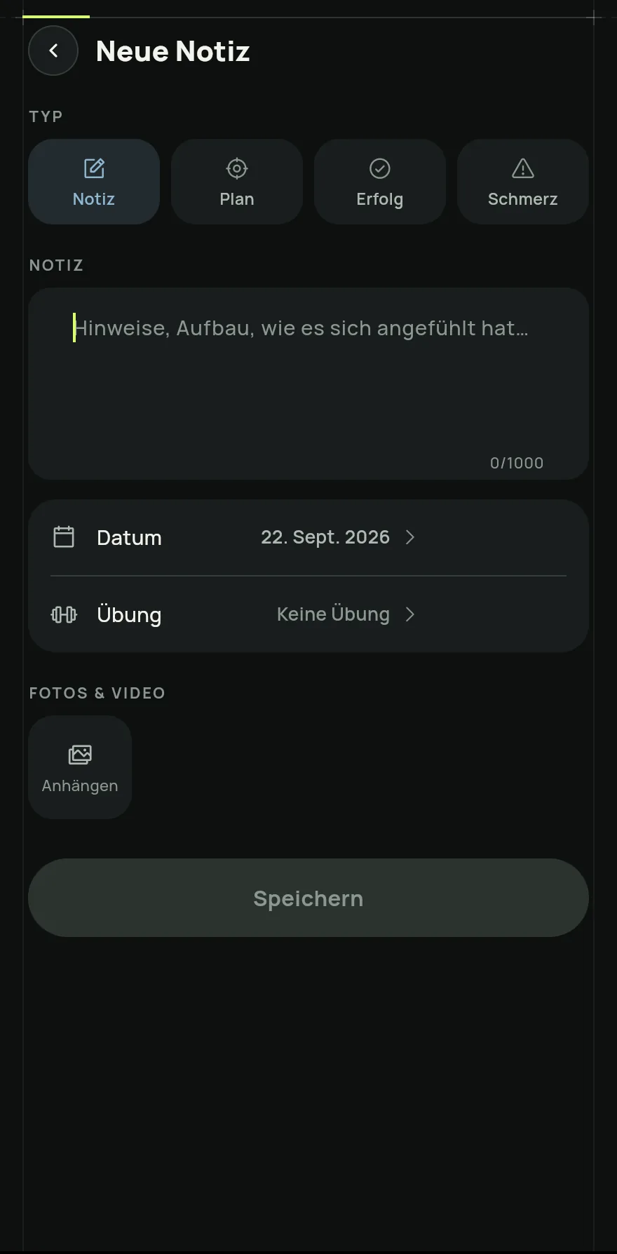 Wähl den Typ der Notiz: Notiz, Plan, Erfolg oder Schmerz. Schreib dann den Text.