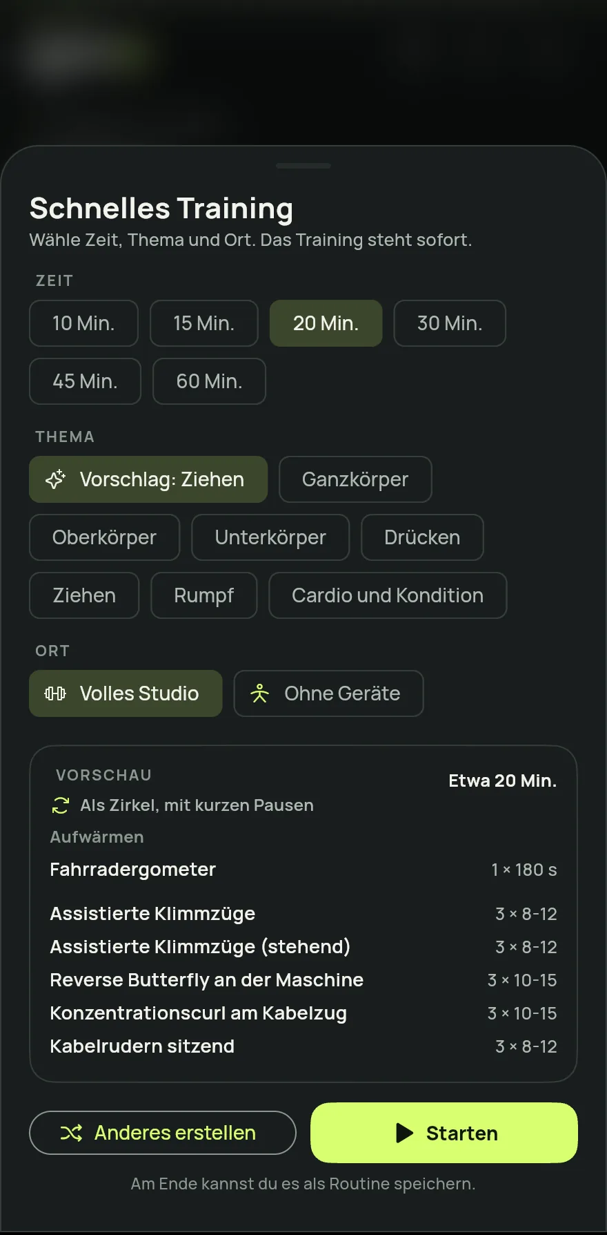 Tippe auf dem Startbildschirm auf Training starten und wähl Schnelles Training. An einem Tag ohne geplanten Trainingsplan zeigt auch die Tageskarte eine Abkürzung zum Schnelltraining.