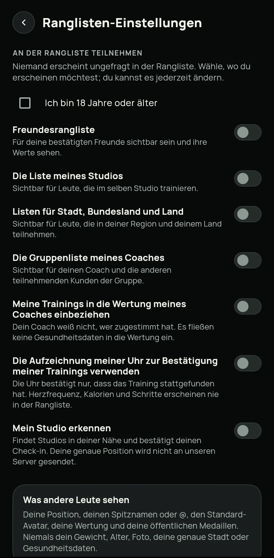 Tippe auf Teilnehmen. Bestätige in den Ranglisten-Einstellungen die Option Ich bin 18 Jahre oder älter und schalte die Listen ein, in denen du erscheinen willst: Freundesrangliste, Die Liste meines Studios oder Listen für Stadt, Bundesland und Land.