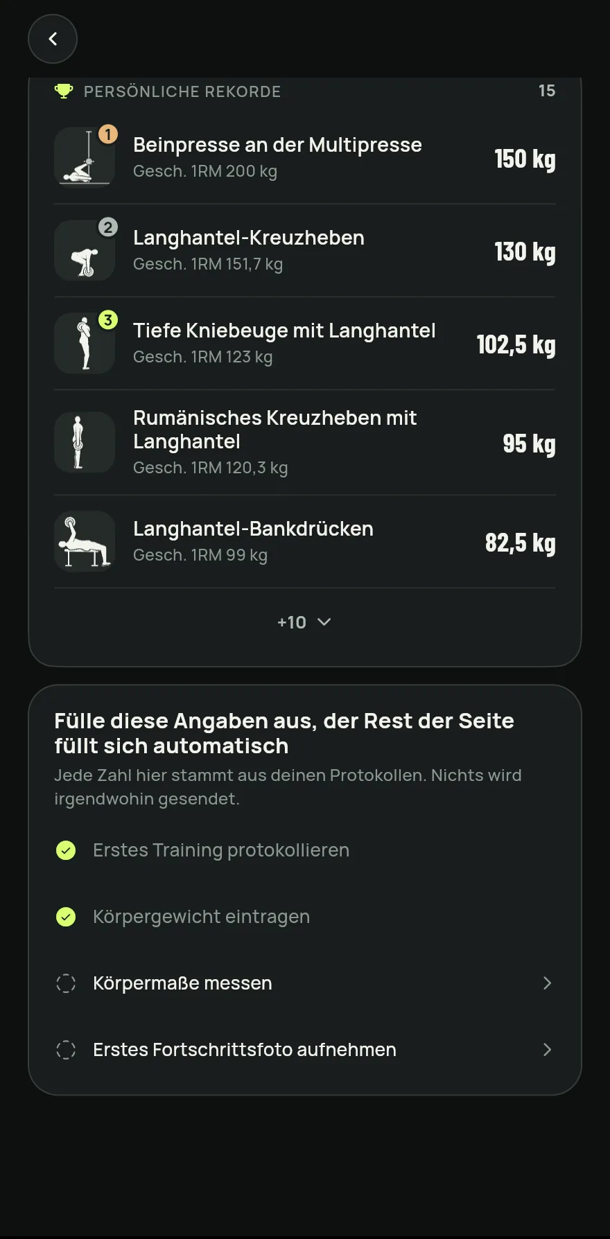 Tippe in der unteren Leiste auf Fortschritt und dann auf Persönliche Rekorde. Die Zeile zeigt, für wie viele Übungen es schon einen Rekord gibt.