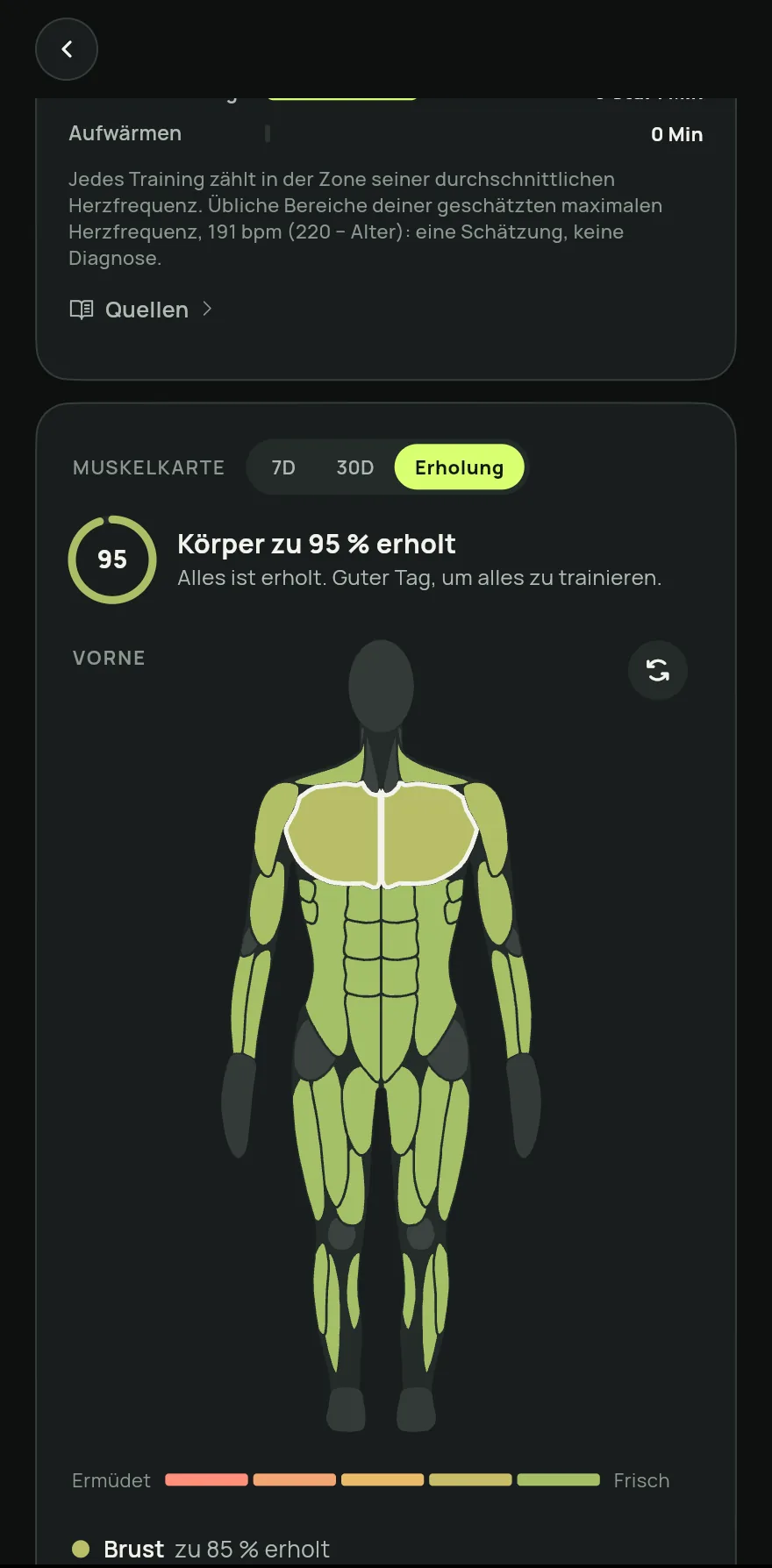 Um den ganzen Körper zu sehen, öffne den Tab Fortschritt und tippe auf der Karte Muskelkarte auf Erholung.
