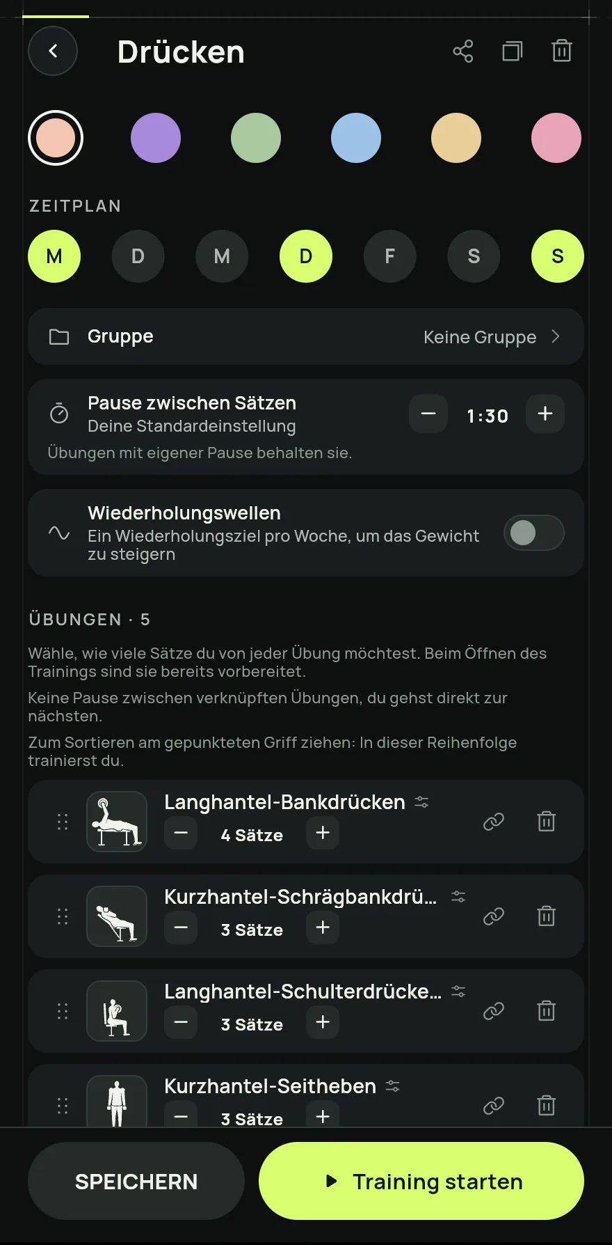 Wähl, wie viele Sätze du von jeder Übung möchtest. Beim Öffnen des Trainings sind sie bereits vorbereitet.