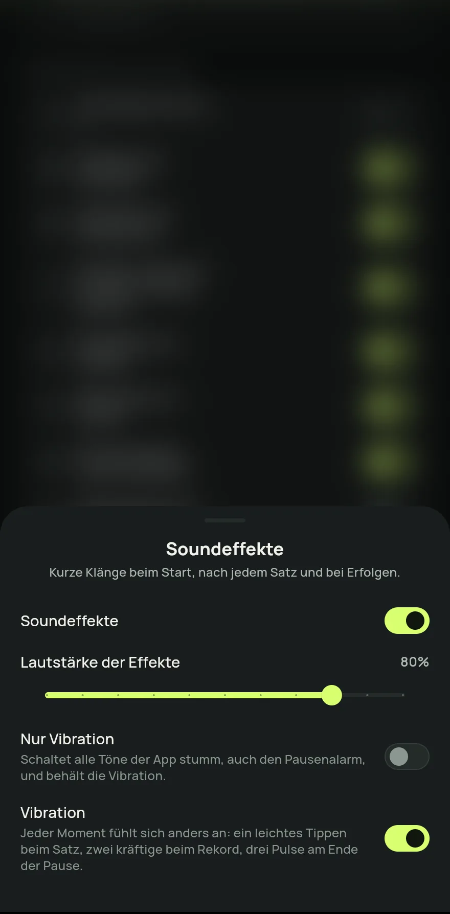 Tippe in der Gruppe Erinnerungen und Töne auf Soundeffekte. Neben dem Namen siehst du die aktuelle Lautstärke, Aus oder Nur Vibration.