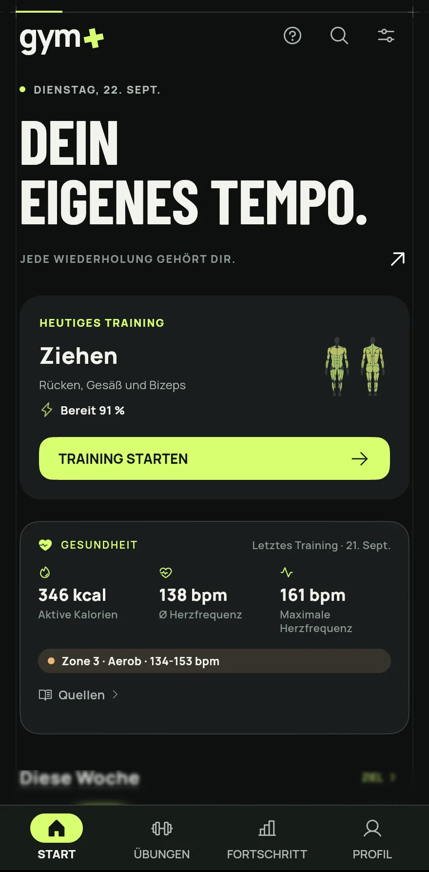 Öffne den Startbildschirm. Ist für heute ein Trainingsplan geplant, zeigt die Karte Heutiges Training mit seinem Namen. Ist keiner geplant, zeigt sie Heutiger Fokus, etwa Drücktag oder Beintag.