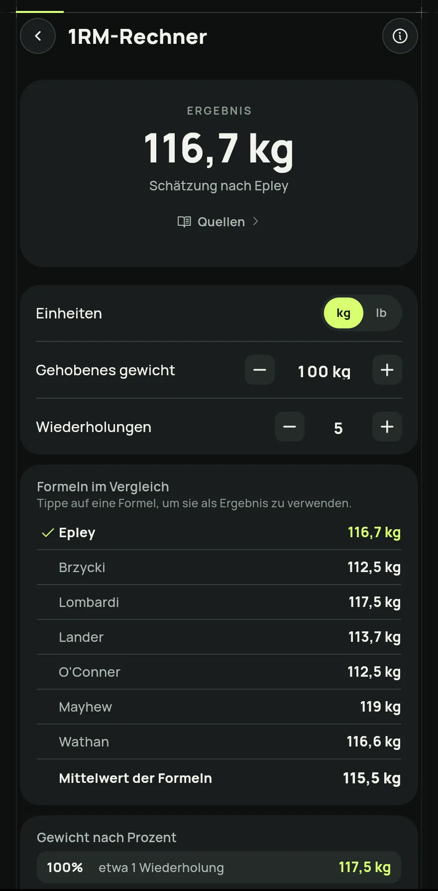 Pass die Werte mit den Minus- und Plus-Schaltflächen an oder tippe auf die Zahl, um sie einzugeben. Das Ergebnis ändert sich sofort.