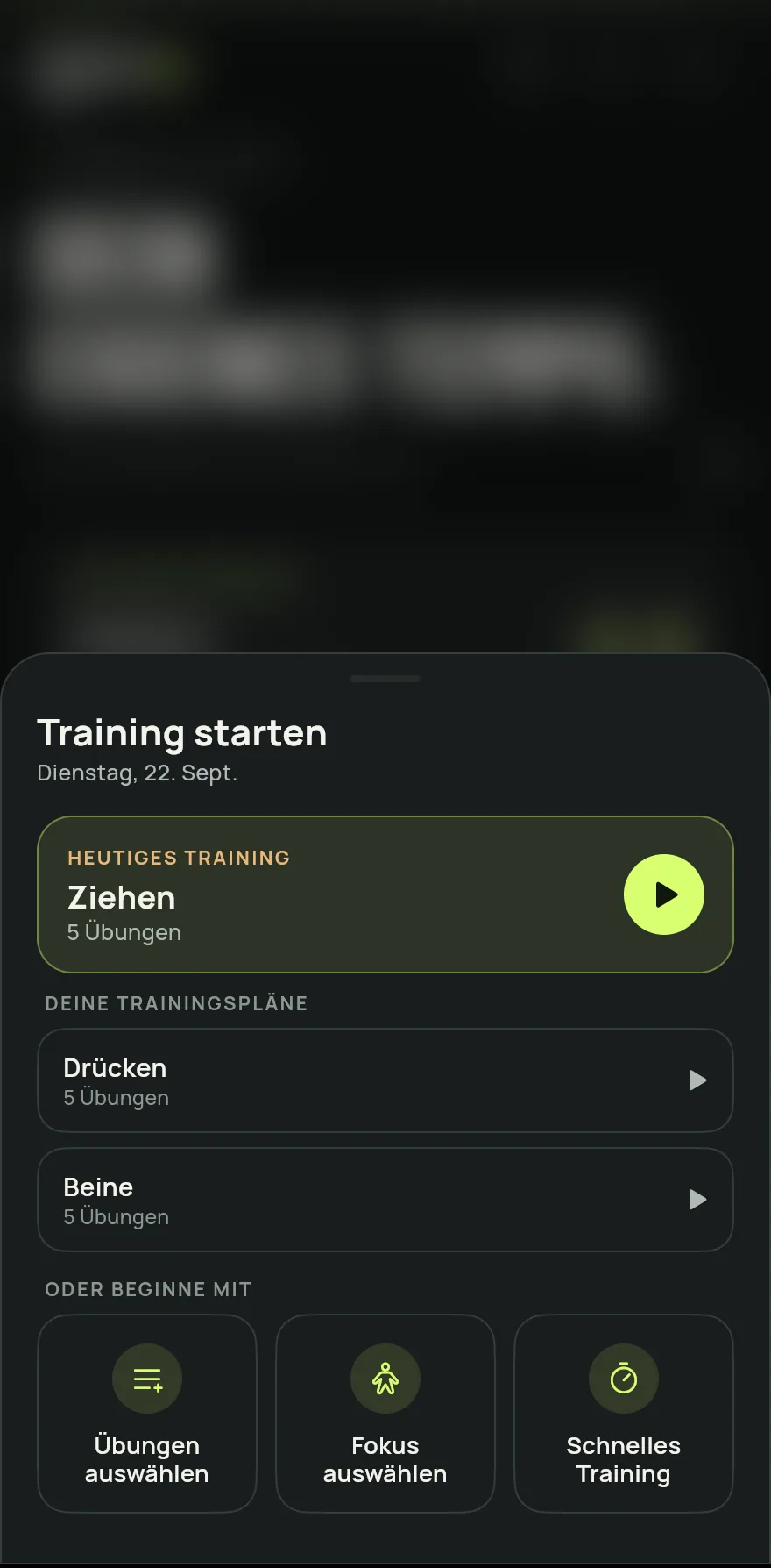 Tippe auf dem Startbildschirm auf Training starten.