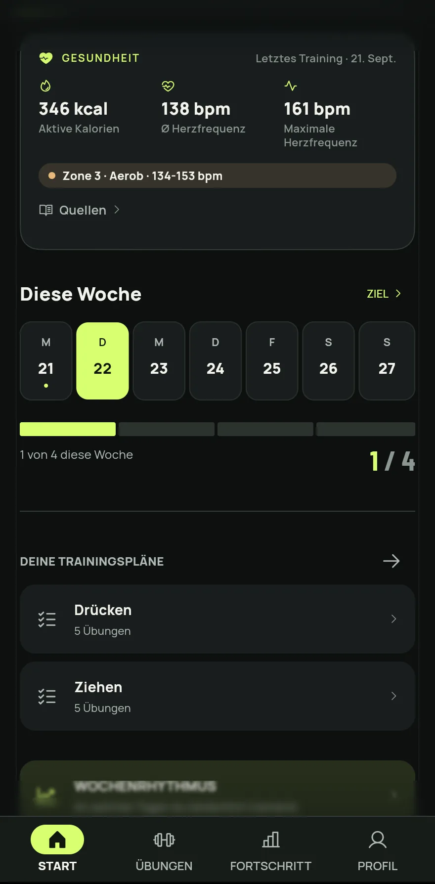 Scroll auf dem Startbildschirm zu Diese Woche. Der Balken zeigt, an wie vielen Tagen du trainiert hast und wie hoch das Ziel ist, zum Beispiel 2 von 4 diese Woche.