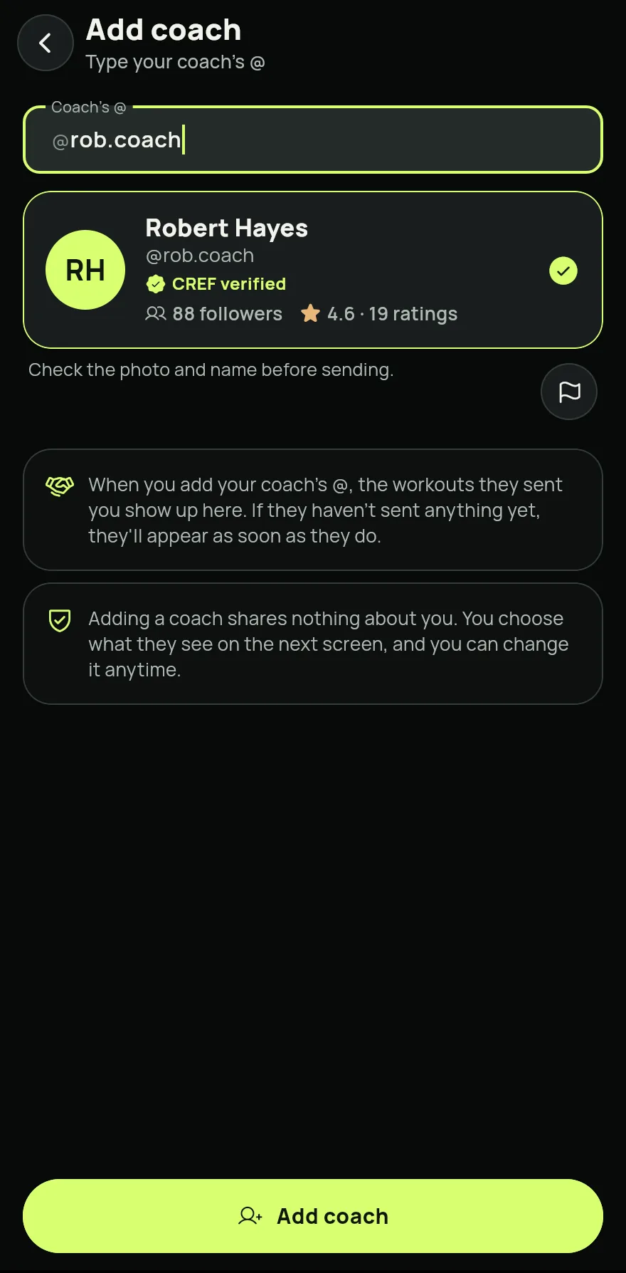 Add coach screen with a coach @ typed: the card with their photo, name and city, the reminder to check before sending and the Add coach button.
