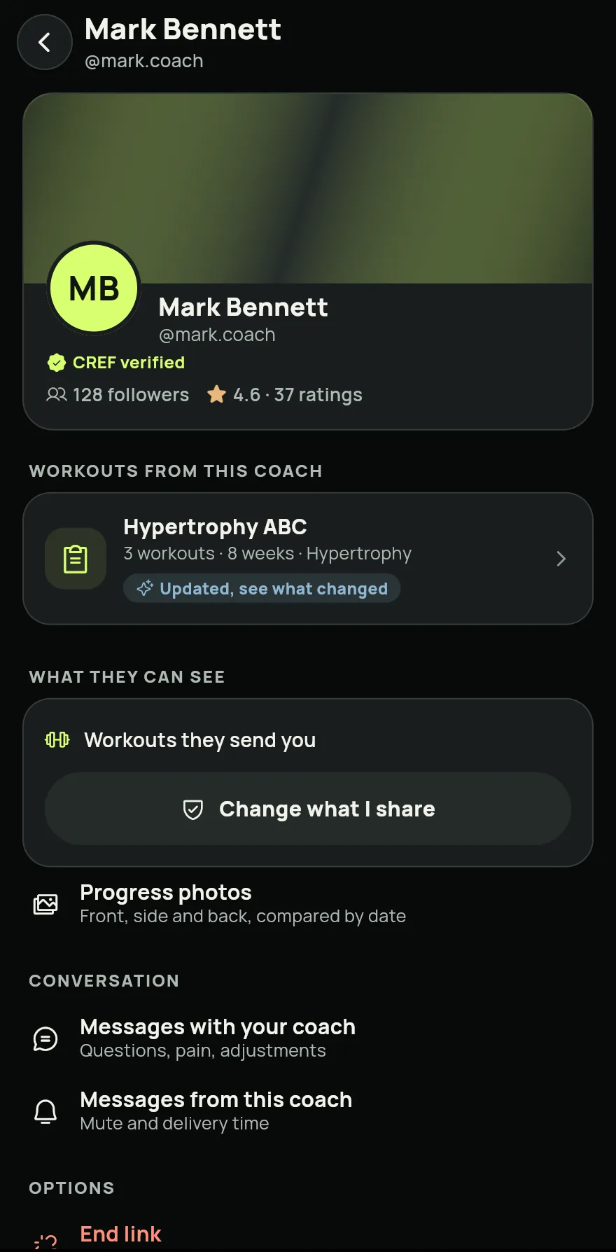 What your coach can see screen: the switches for workouts, history, weight and measurements, watch proof, health data and physical assessment, with the Save choices button.