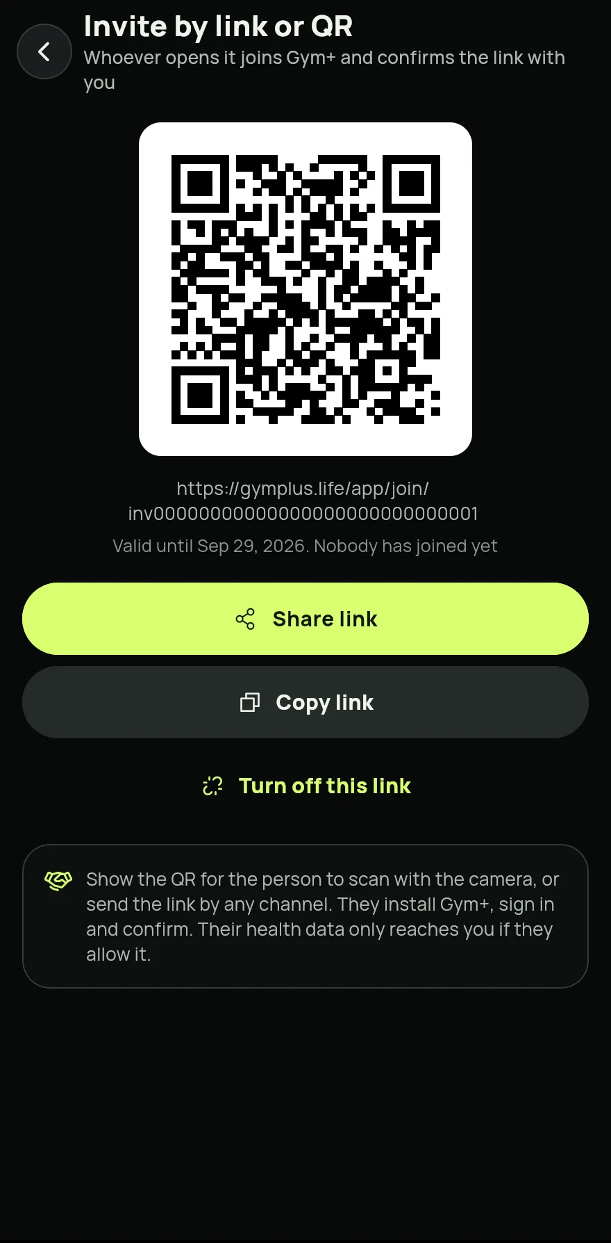 Invite by link or QR screen: the invite QR code and the Share link, Copy link and Turn off this link buttons.