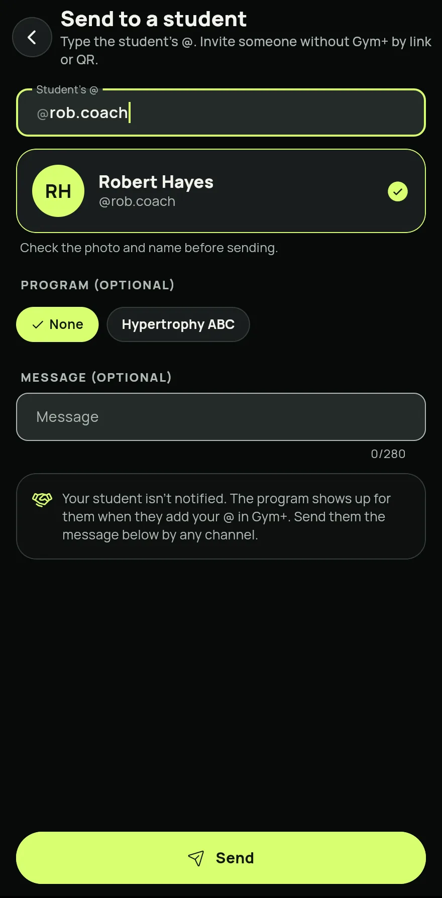 Send to a student screen with an @ typed: the card of the person found, the choice of program to send along and the Send button.