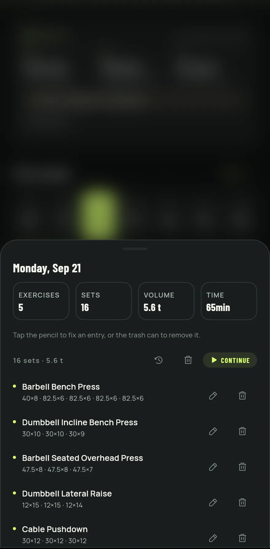 Day sheet, opened from the This week strip on a training day: the day's workout with the Edit time, Delete workout and Continue buttons, and the exercise list with edit and delete on each one.
