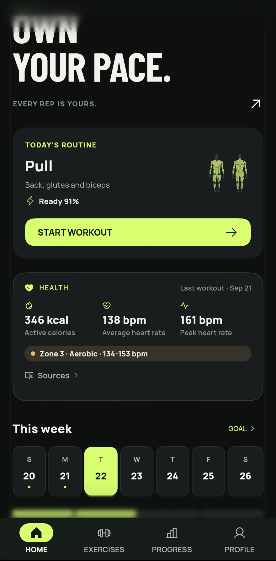Gym+ Home tab with the Today's routine card (Pull, with the Start workout button), the health summary of the last workout and the This week strip from Sunday to Saturday, with Tuesday highlighted.