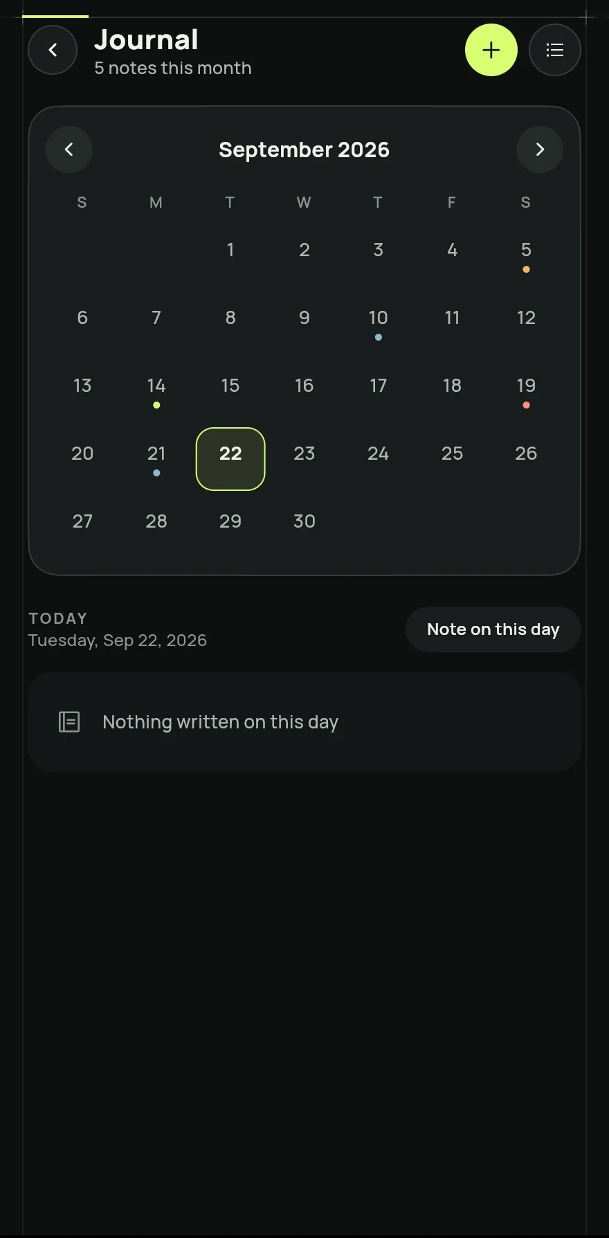 Journal screen: the month calendar with the days that have notes marked and, below, the notes of the chosen day, with the Add note and All notes buttons at the top.