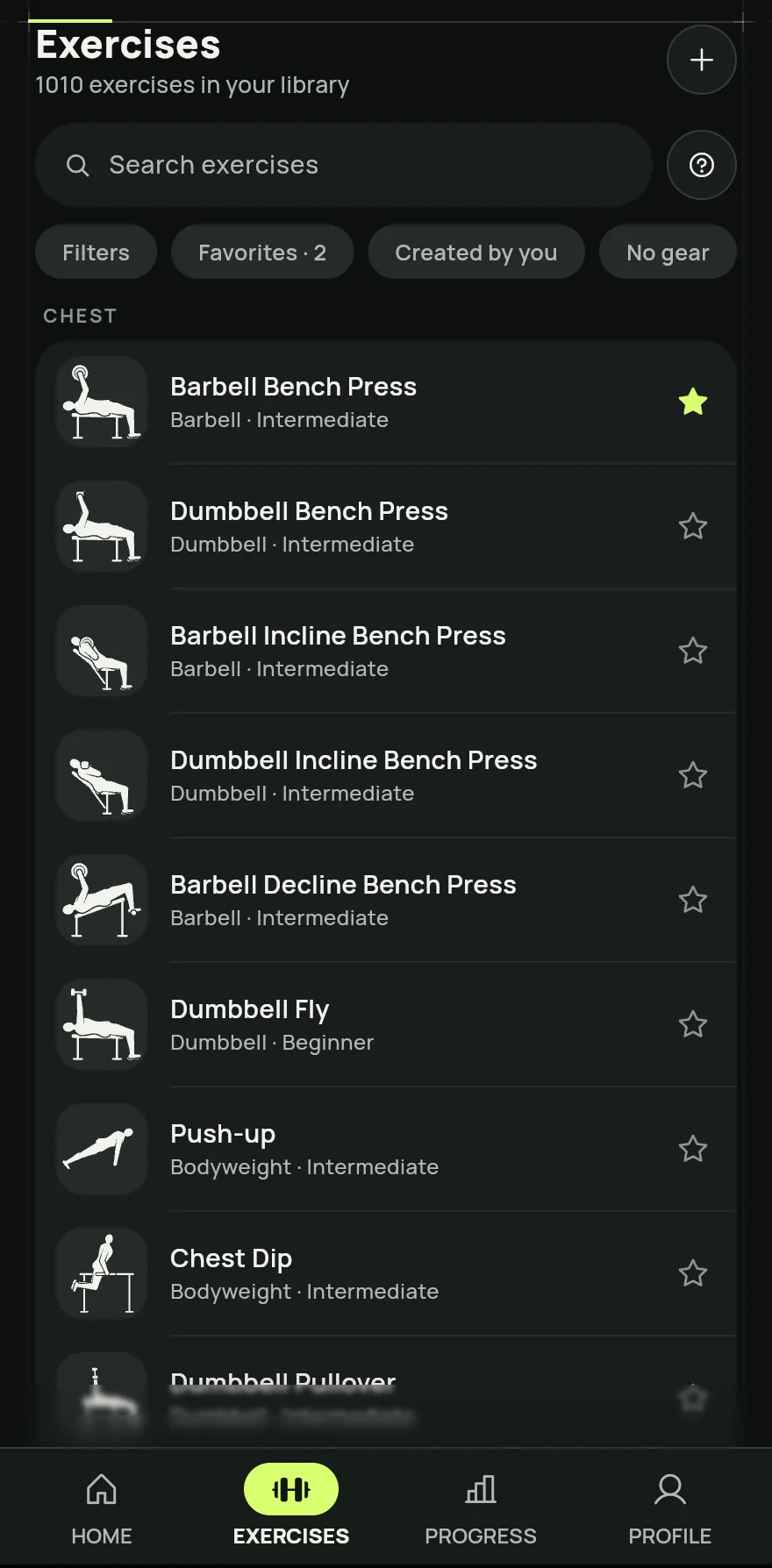 Exercises tab: the filters (Filters, Favourites, Created by you, No equipment) and the catalogue list with the muscle group, equipment and level of each exercise.