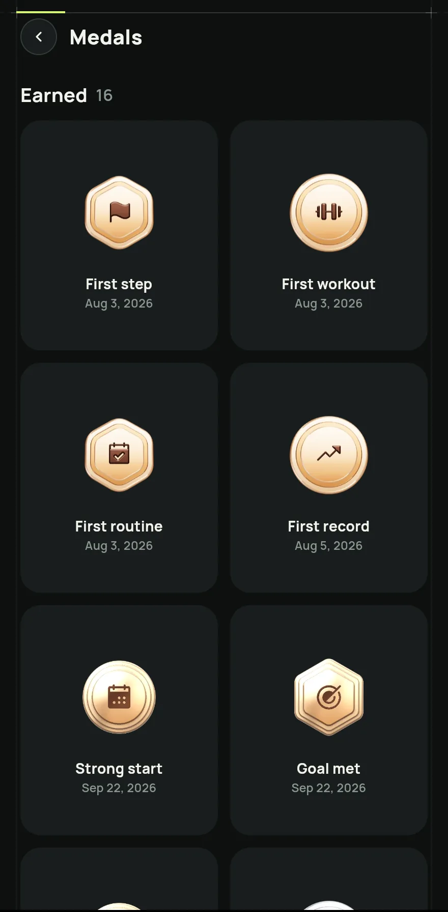 Medals screen with the earned medals in a grid, each with its name and the date it was won.