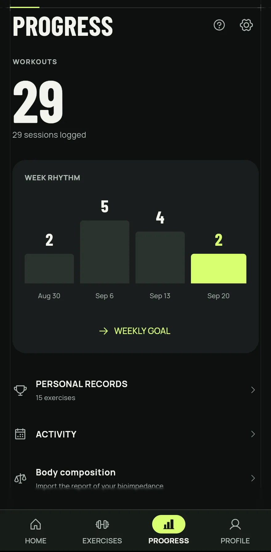 Progress tab: the workout total, the Weekly rhythm chart for the last four weeks with the Weekly goal shortcut and the Personal records, Activity and Body composition entries.