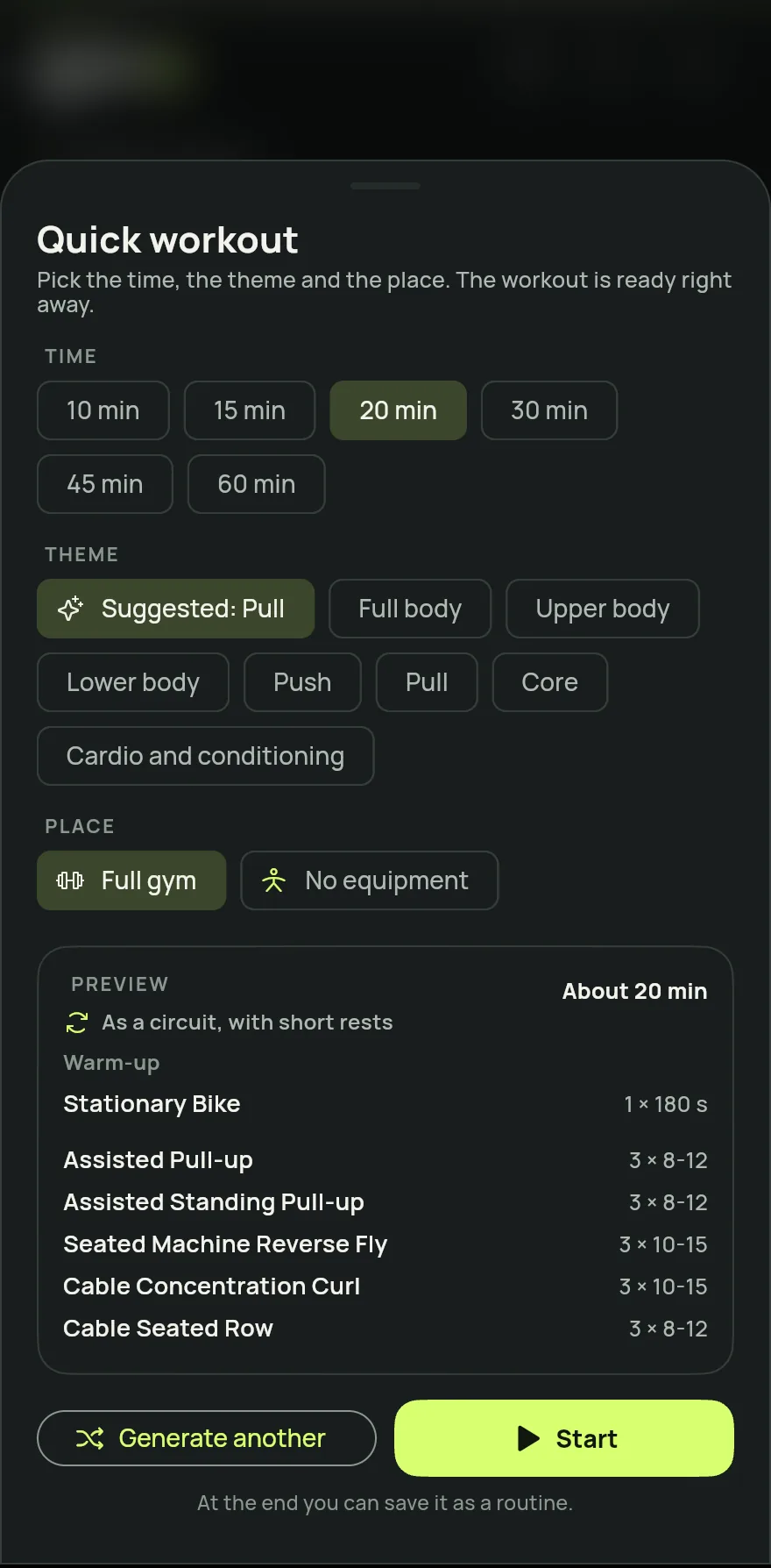 Quick workout sheet: the time options from 10 to 60 minutes, the themes (suggested, full body, upper, lower and more), the place and the Generate another and Start buttons.