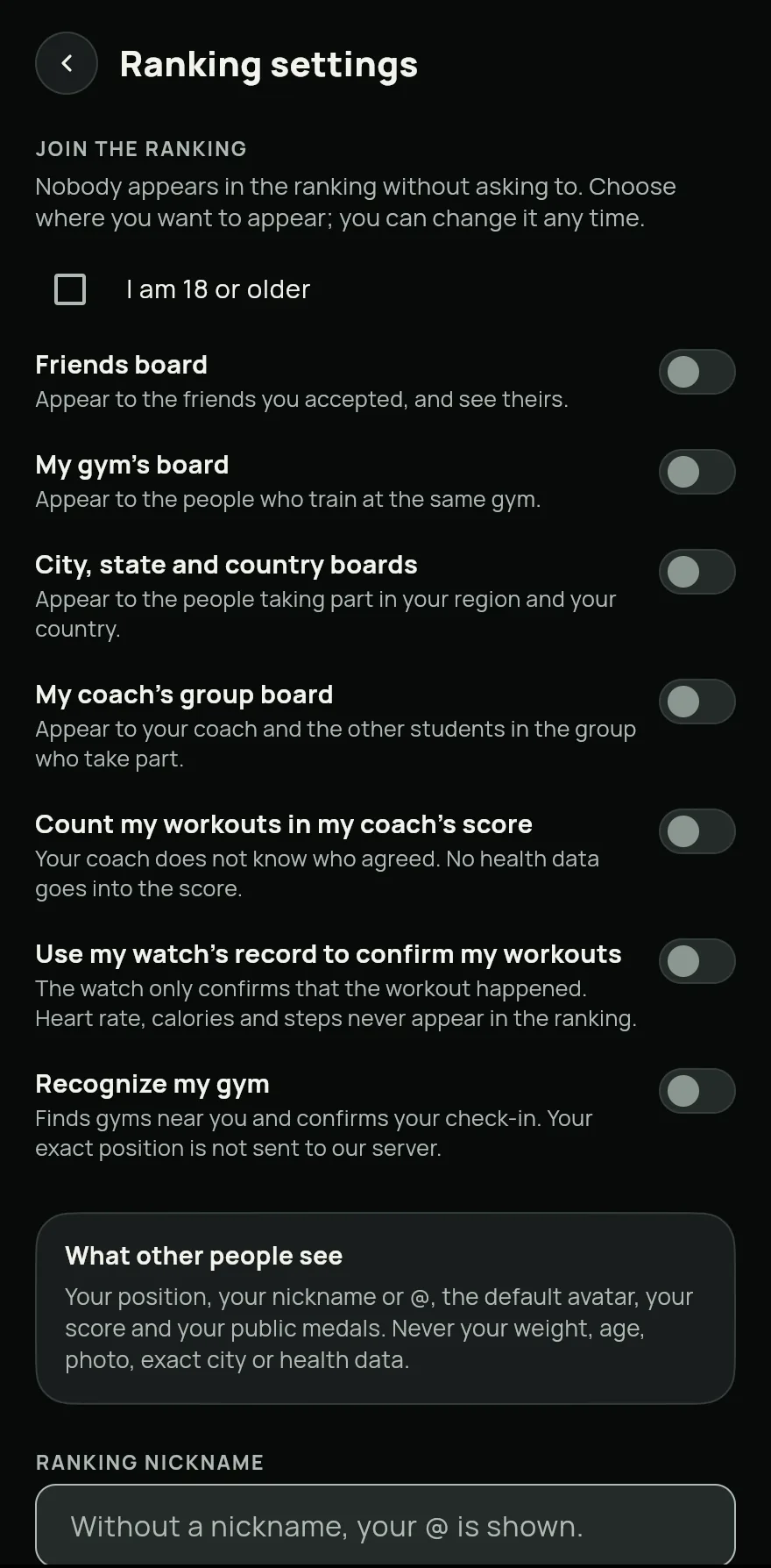 Ranking settings screen: the age confirmation and the switches for each board (friends, gym, city, state and country, coach group) and for recognising your gym.