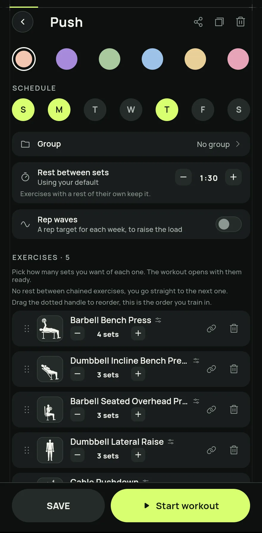 Editing the Push routine: routine colour, scheduled days, rest between sets and the exercise list with the number of sets for each, plus the Save and Start workout buttons at the bottom.