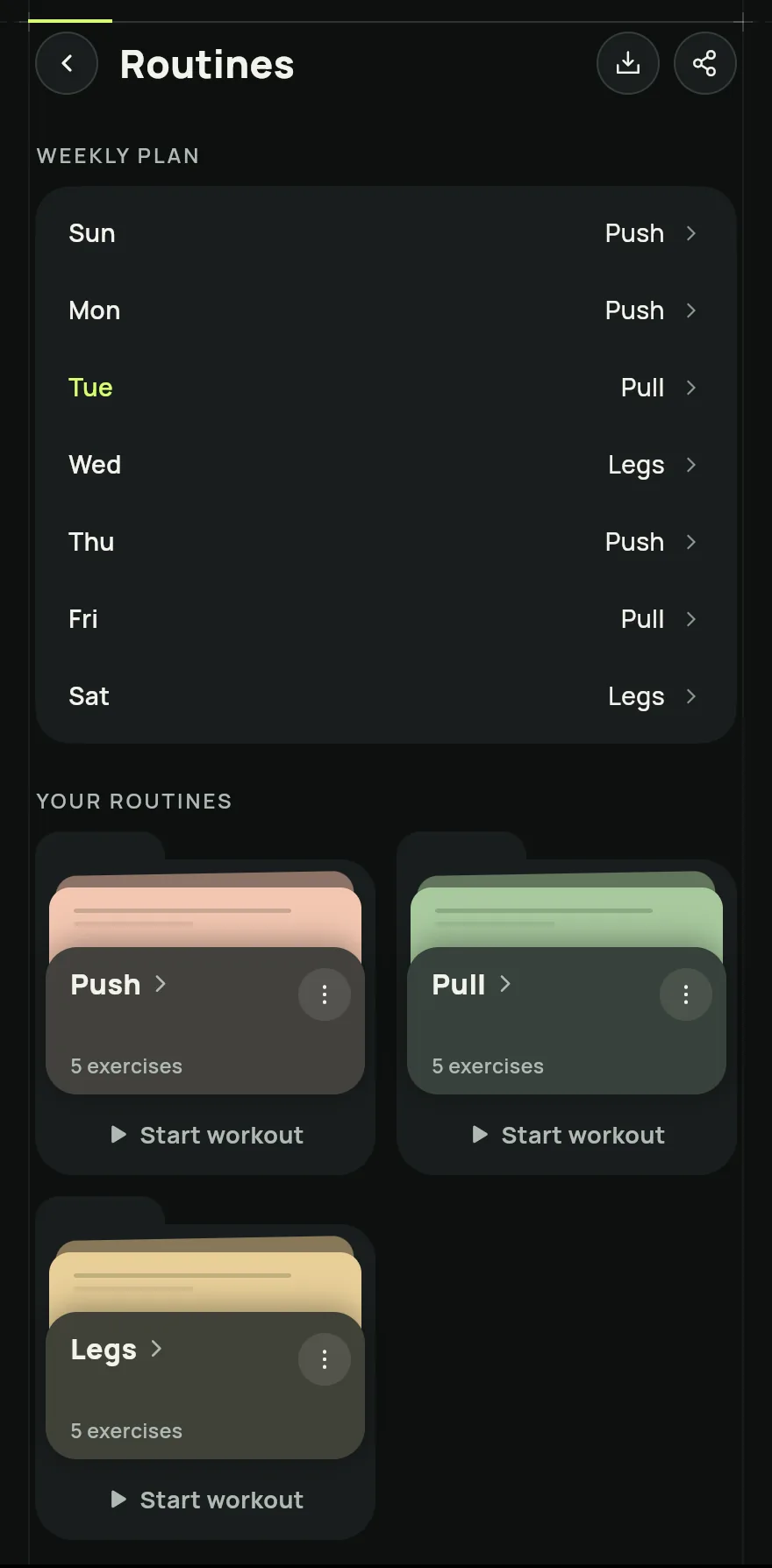 Routines screen: the weekly plan with the routine for each day, Sunday to Saturday, and the Your routines section with the Push, Pull and Legs cards, each with its exercise count and a Start workout button.