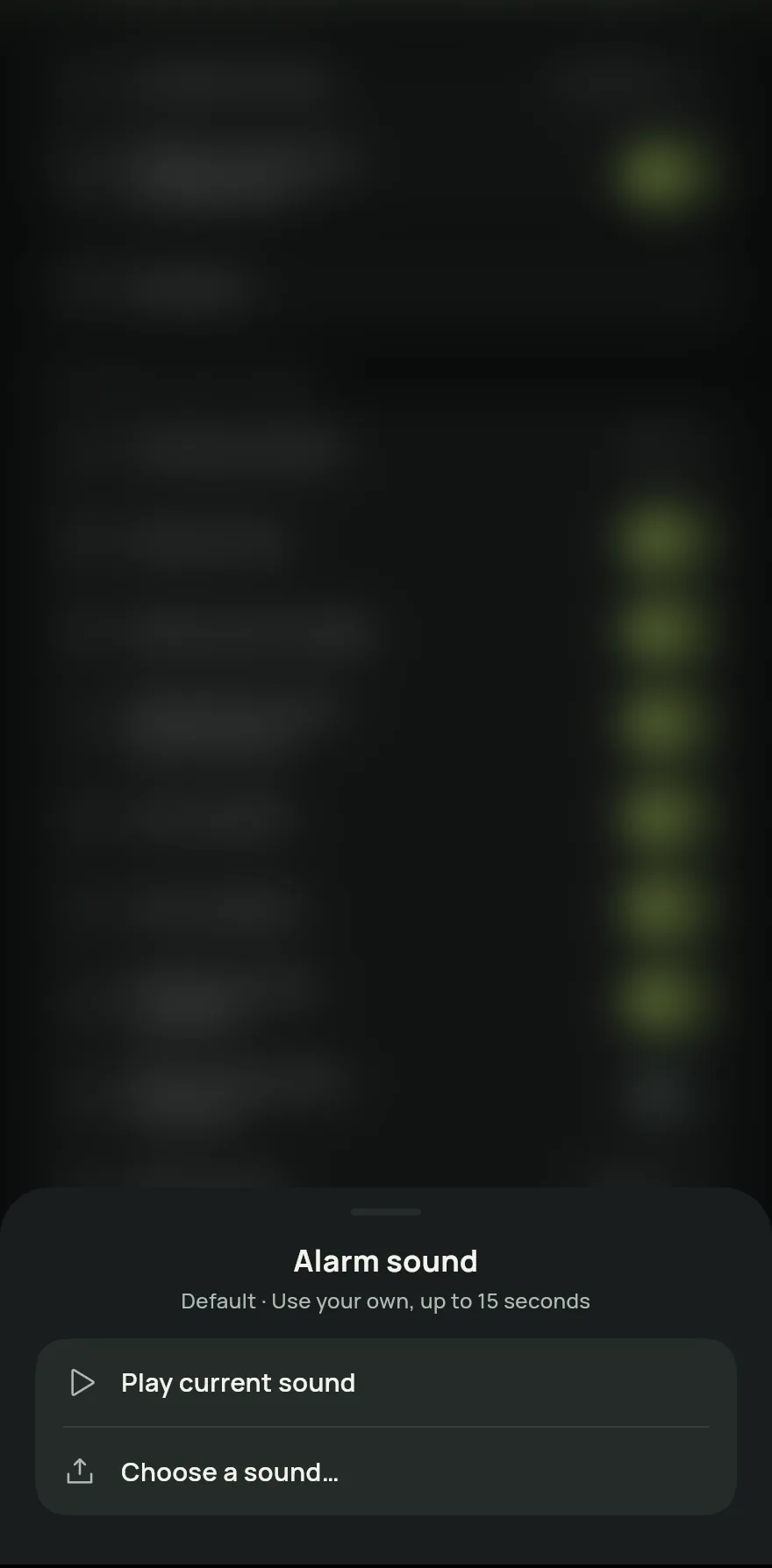Alarm sound sheet: the end-of-rest sounds to choose from, the button to play the current sound and the option to pick a sound file.