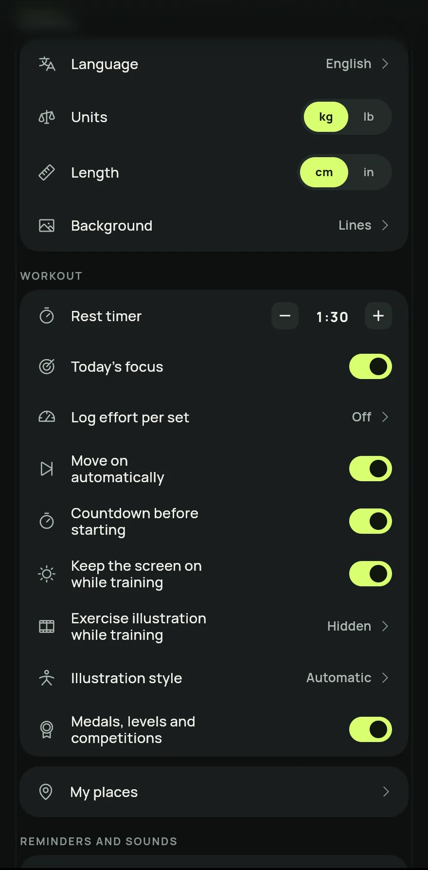 Workout group in Settings: the Rest control with minus, the time (1:30) and plus, followed by the workout options, such as moving to the next one automatically.