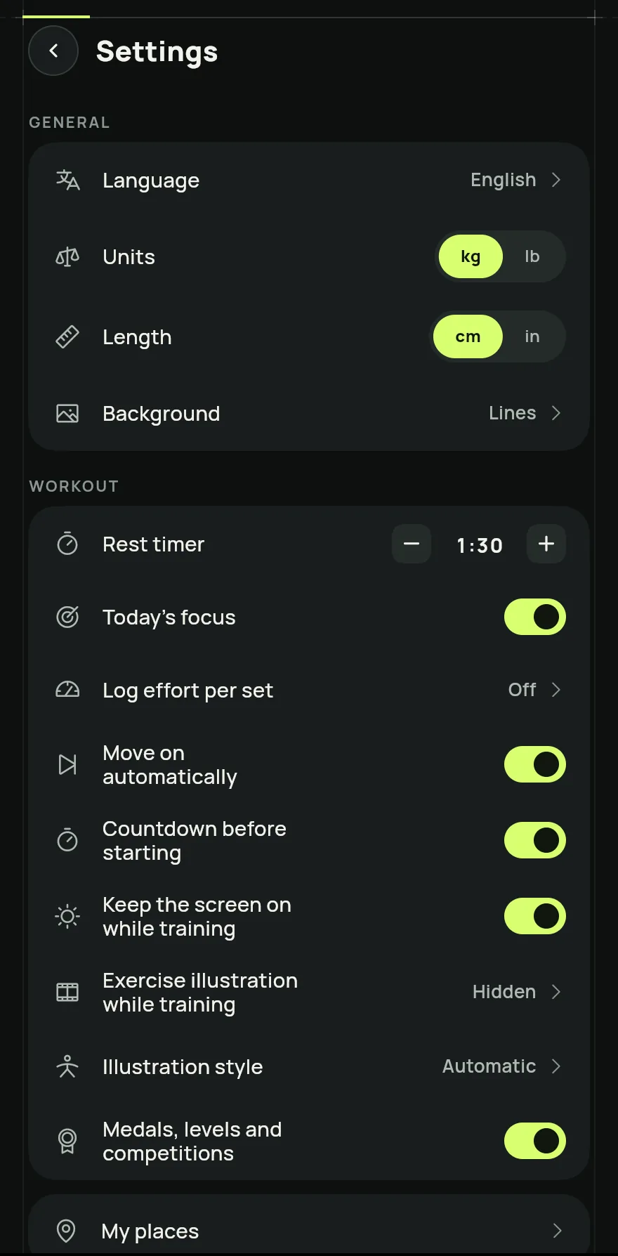 Top of Settings, General group: Language, the weight units (kg or lb) and length units (cm or in) and the screen background.